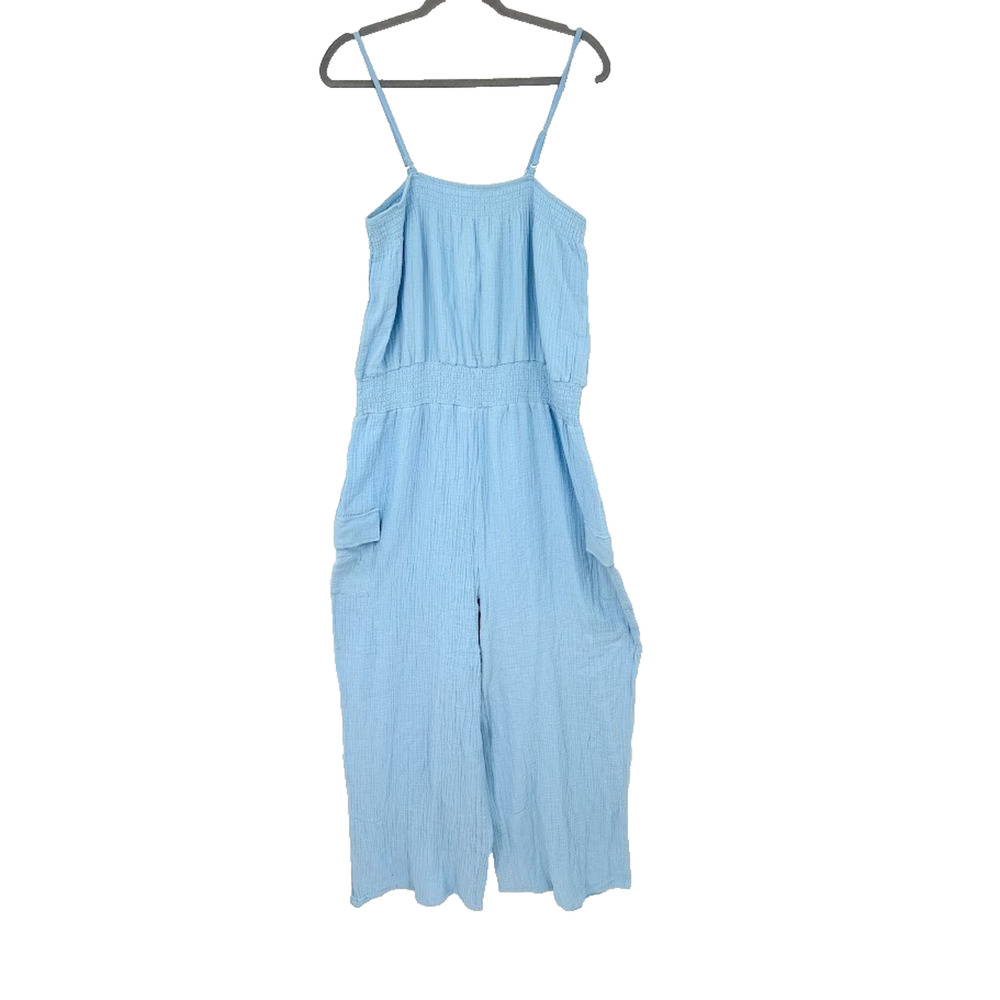 Womens 2X Baby Blue Gauze Wide Leg Jumpsuit Soft Girl Flowy Resort Travel Pocket